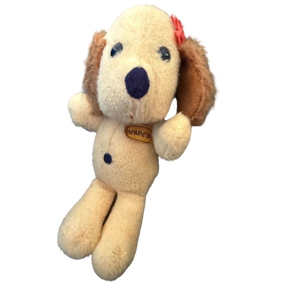 Vintage Henrietta Stuffed Dog Plush Cream Brown Floppy Ears Red Bow Toy